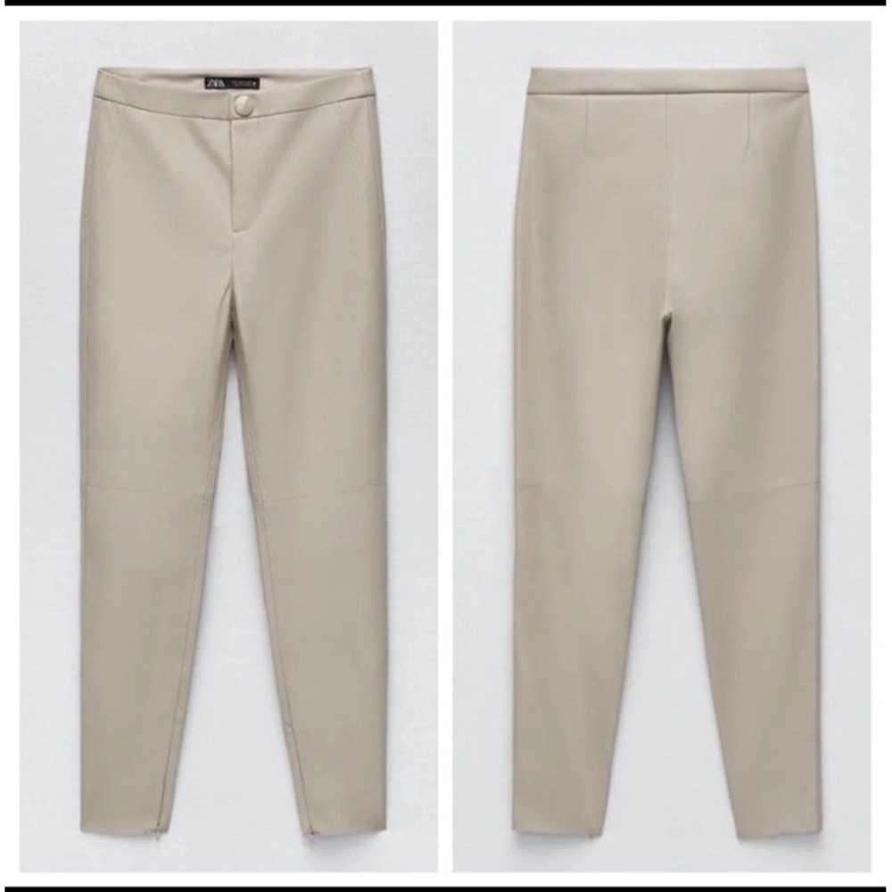 ZARA Jean Style Zip Cuff Coated Faux Leather Pants. Beige, Size S. MINT!!
